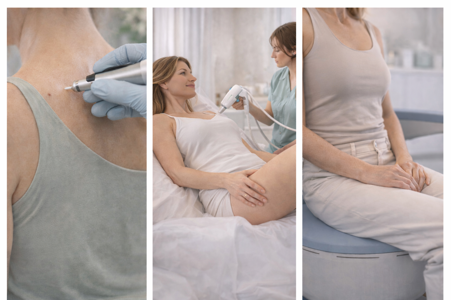 A softly-lit image of a woman sitting on a bed, looking relaxed and comfortable. The image is designed to feel calm, intimate and relatable, reflecting the tone of the intimate wellness section.